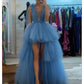 Blue fashion unique tulle elegant skirt irregular front short back long skirt long ball gown evening dress nv2672