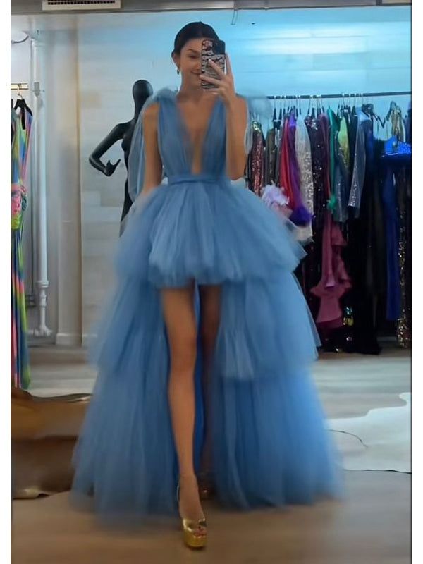 Blue fashion unique tulle elegant skirt irregular front short back long skirt long ball gown evening dress nv2672