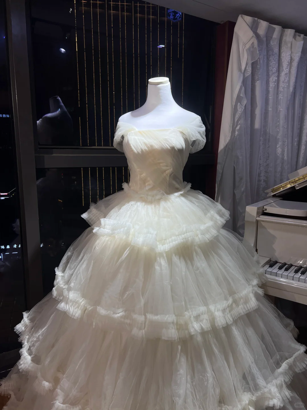 Off Shoulder Ivory Tiered Cake Tulle Ball Gown, Princess Wedding Bridal Dress  NV7103
