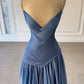 Blaues, modisches, elegantes, langes Satinkleid mit Rüschen und Strass-Trägern, Ballkleid, Abendkleid, Partykleid, NV5119