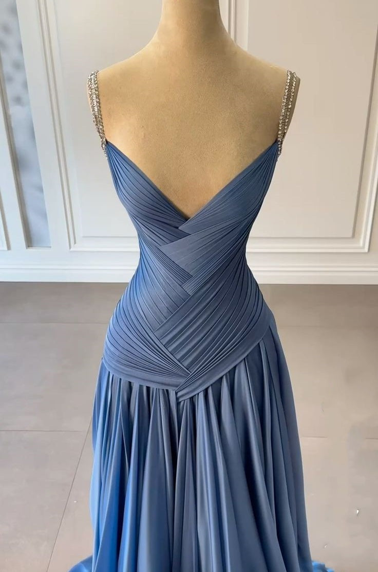 Blaues, modisches, elegantes, langes Satinkleid mit Rüschen und Strass-Trägern, Ballkleid, Abendkleid, Partykleid, NV5119