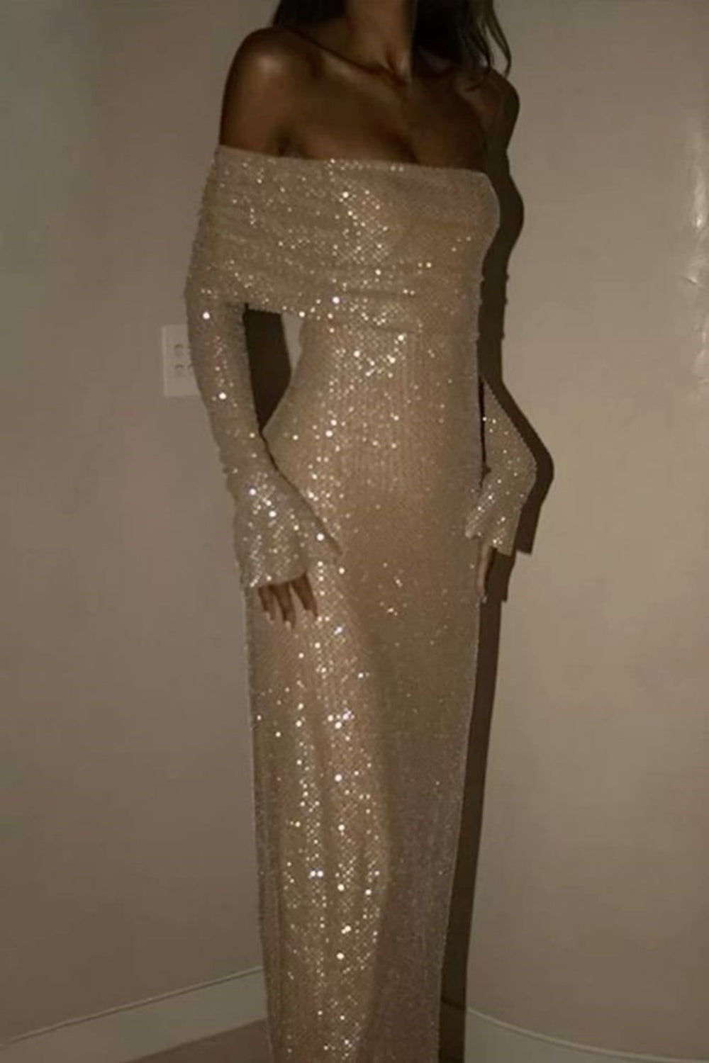Champagner-gold/graues, mit Pailletten besetztes, langes, schulterfreies Ballkleid mit langen Ärmeln, Partykleid NV5295