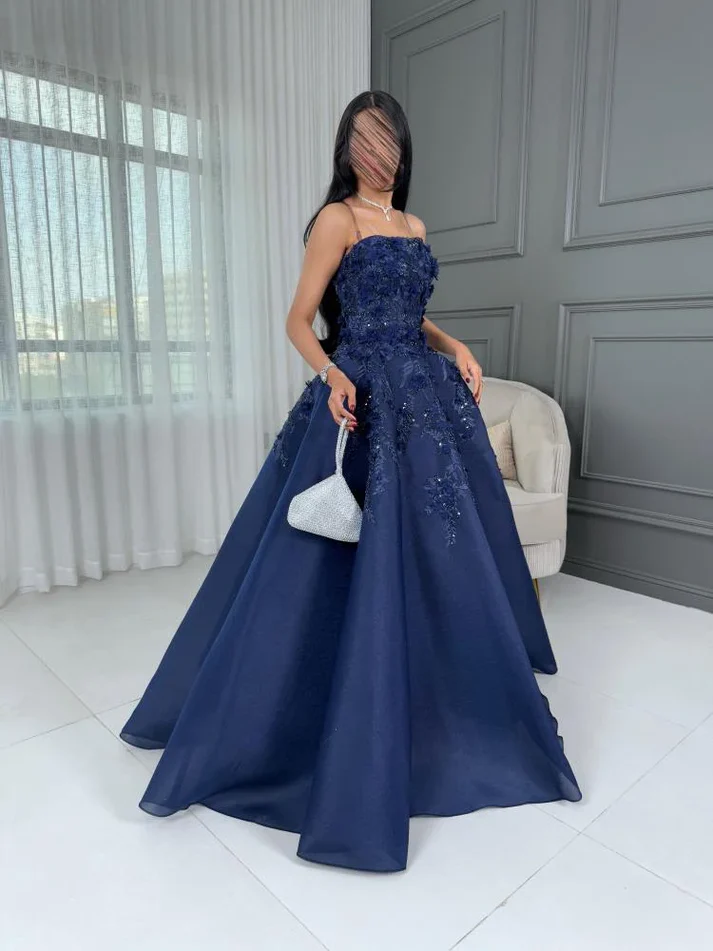 Navy Blue 3D Floral Beaded Ball Gown - Strapless Floor-Length Evening Dress NV6873