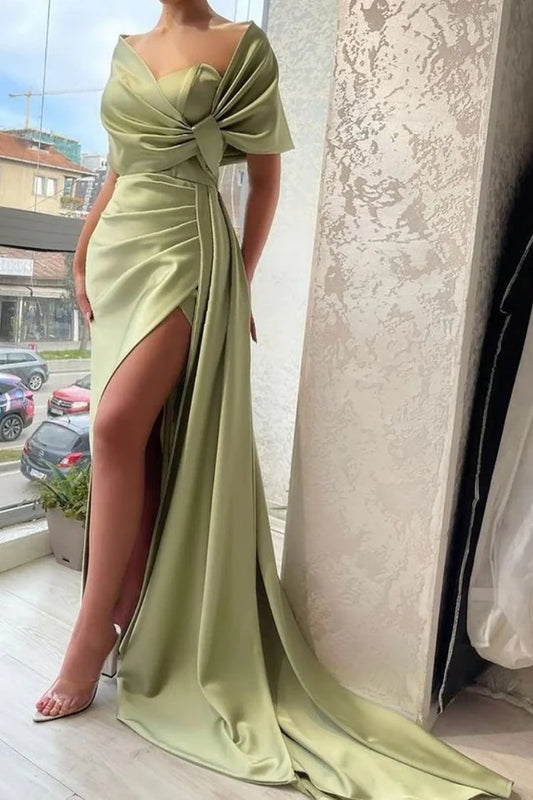 V Neck Pleated Slit Ball Gown Bodycon Off Shoulder Pleated Satin Long Formal Evening Gown nv1755