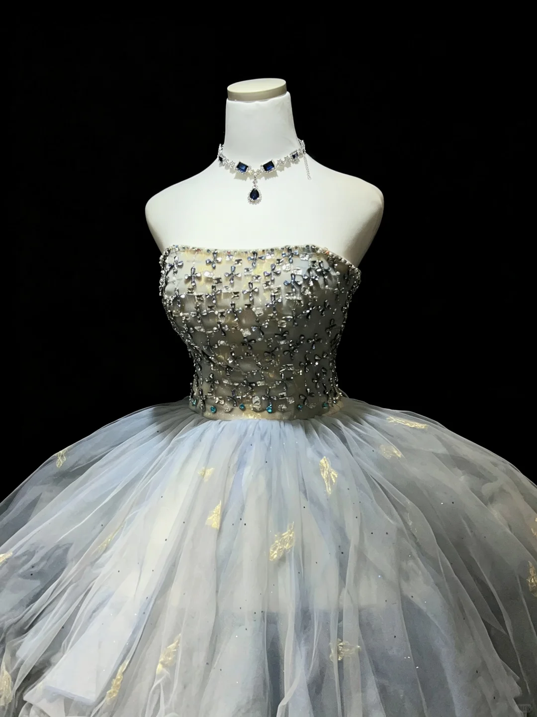 Strapless Dusty Blue Princess Ball Gown Beaded Rhinestone Tiered Bubble Tulle Gold Butterfly Prom Dress  NV6977