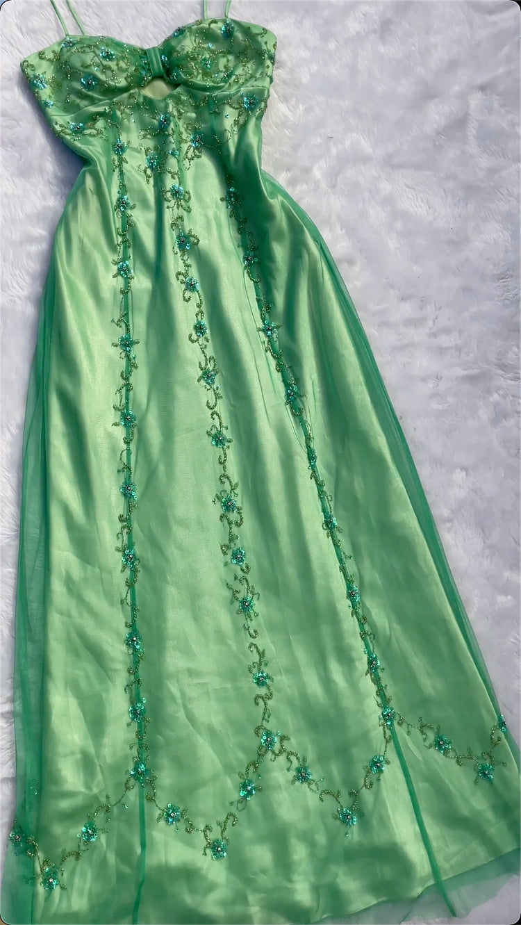 Robe de soirée longue en tulle, magnifique robe de soirée à bretelles spaghetti, motif floral délicat et vert, nv3740