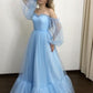 Blue stylish elegant long tulle puff sleeves ball gown evening dress nv3216