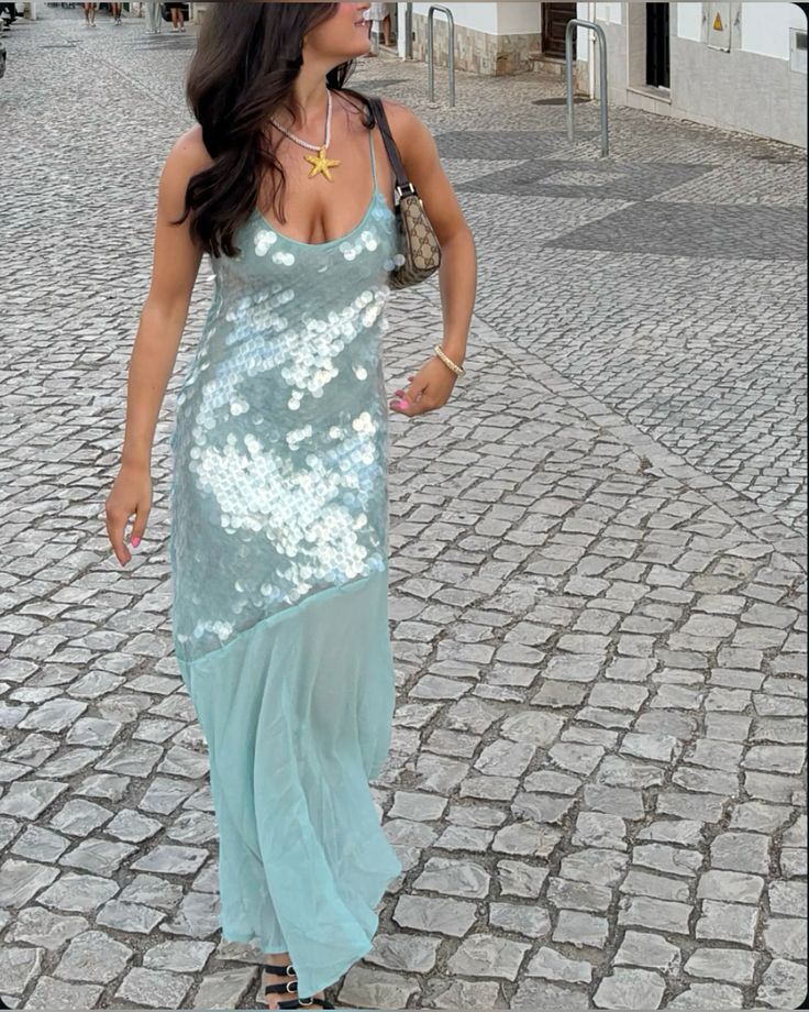Blaues glänzendes, modisches, langes Abendkleid mit Pailletten, Partykleid, nv4683