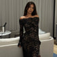 Black lace sexy elegant off-shoulder one-shoulder maxi dress with long sleeves prom dress evening dress party dress nv2673