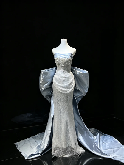 Ice Blue Strapless Mermaid Formal Gown Full Rhinestone Mesh 3D Satin Bow Long Train Evening Dress  NV6966