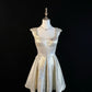 Cute gold and silver silk shiny jacquard fabric U-neck small flying sleeves crystal diamond silver gray flower short skirt homecoming dress birthday dress nv4497