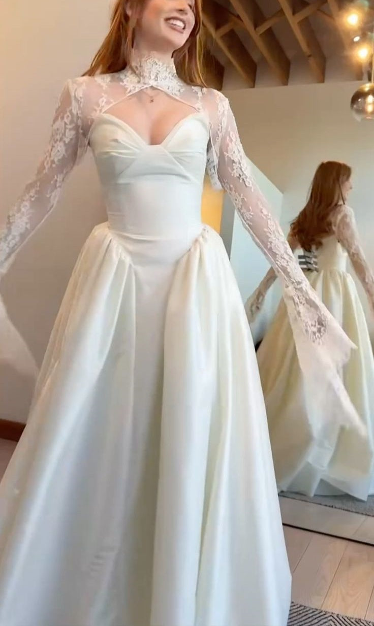 NiceVestidos - Robe de mariée longue blanche en dentelle à manches longues NV5837