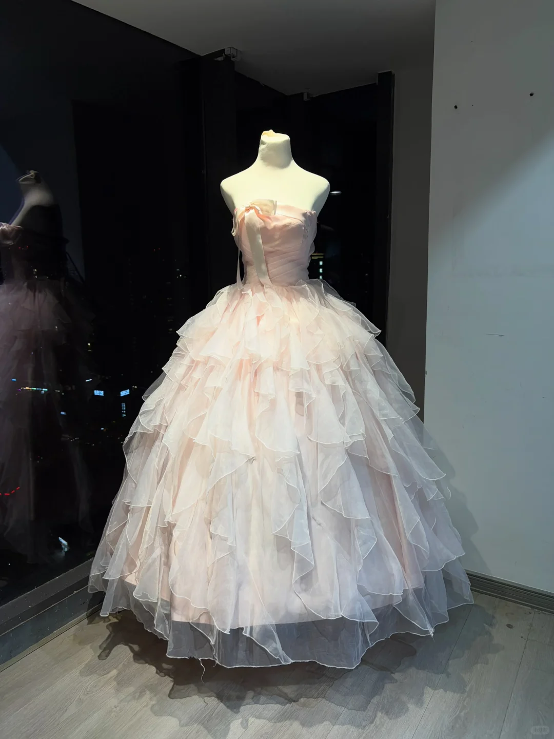 Dusty Pink Strapless Ball Gown Pleated Bodice Tiered Ruffle Tulle With Satin Bow Fairy Prom Dress  NV6938
