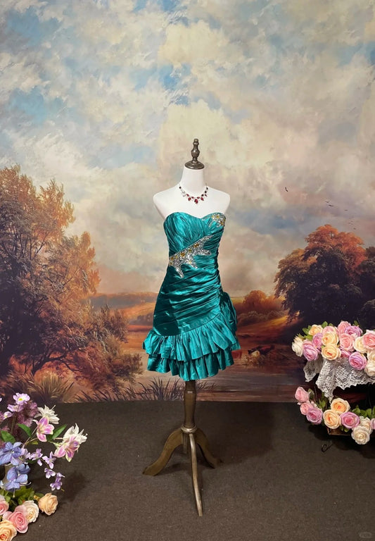 Robe de soirée courte en satin bleu, élégante et rétro, avec pierres précieuses et perles, robe de bal nv4082
