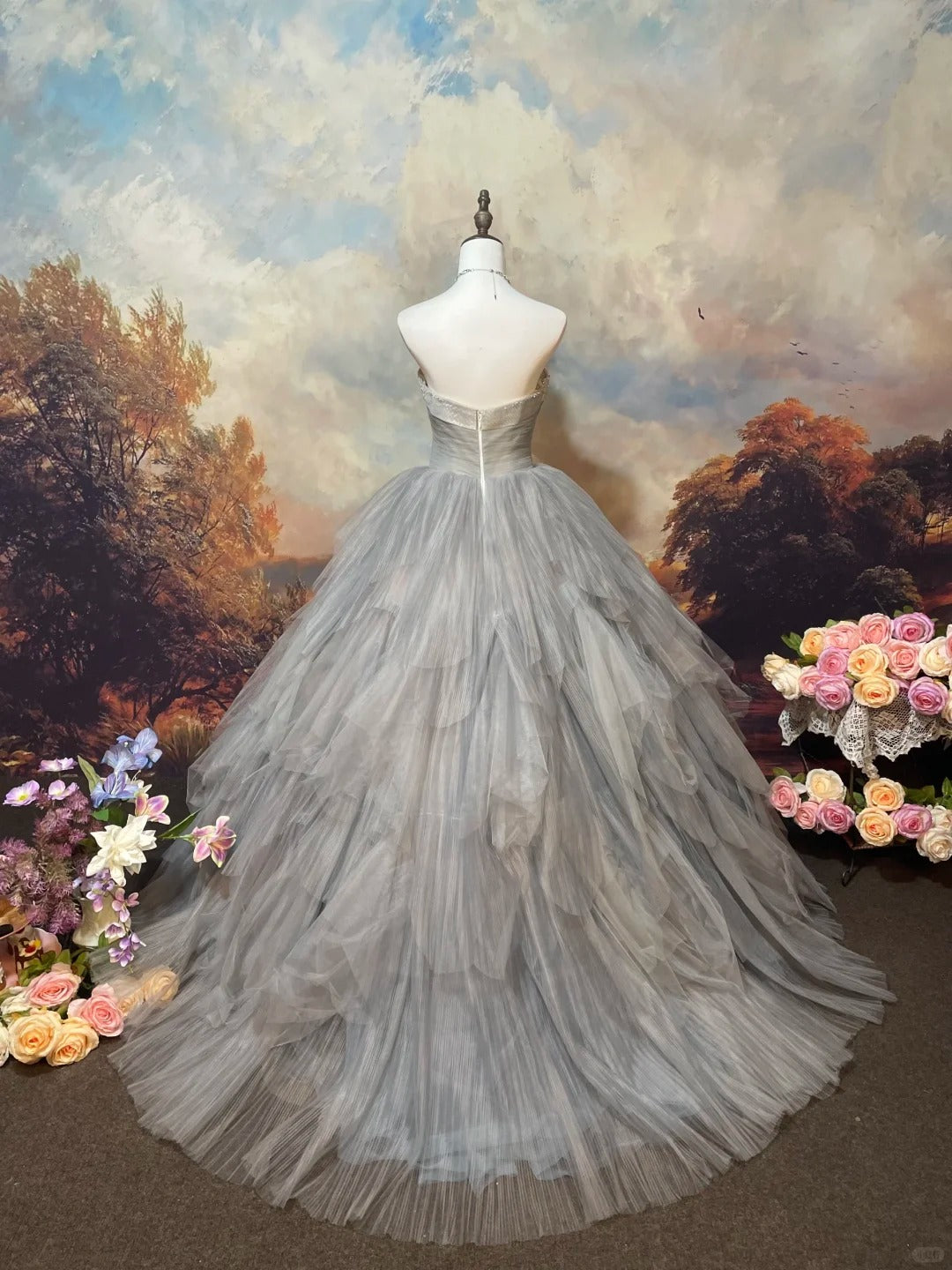 Robe de bal longue rétro en tulle pailleté gris argenté brillant et exquis, longueur au sol, nv5157