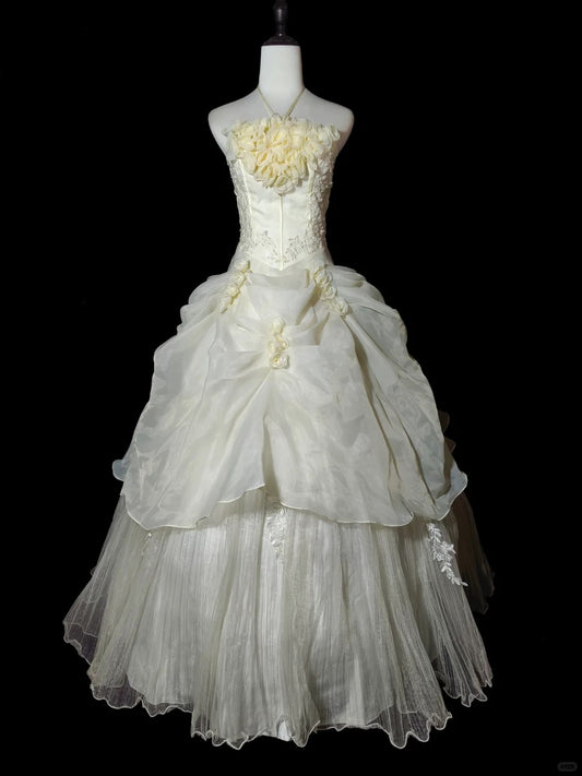 Beiges, elegantes, langes Ballkleid aus Tüll mit Blumenmuster, nv4779