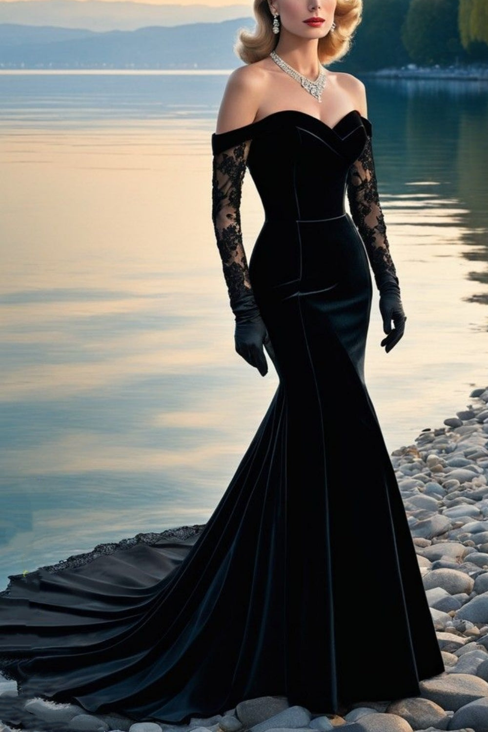 NiceVestidos – Schwarzes, bodenlanges Samt-Abendkleid mit langen Ärmeln NV6049