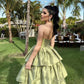 Green Elegant Cute A-line Off-shoulder Multi-layered Backless Evening Dress Ball Gown Party Dress nv2378