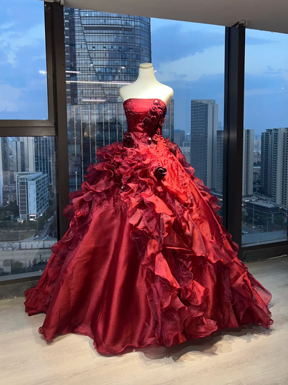 Strapless Burgundy Ball Gown Hand Beaded 3D Rose Ruffle Satin Tulle Prom Dress  NV7040
