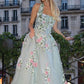 Green Gorgeous Exquisite Floral Embroidery Applique A-Line Long Tulle Prom Gown Evening Dress Party Dress nv3439