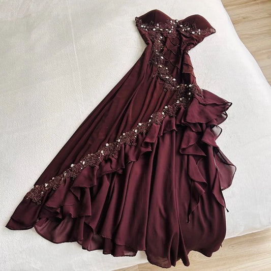 Luxury Retro Style Wine Red Tulle Beaded Off-Shoulder Ruffled Gown - Elegant Dress for Dinner & Date NV6380