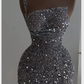 Robe de soirée courte à paillettes brillantes argentées à une épaule nv3001