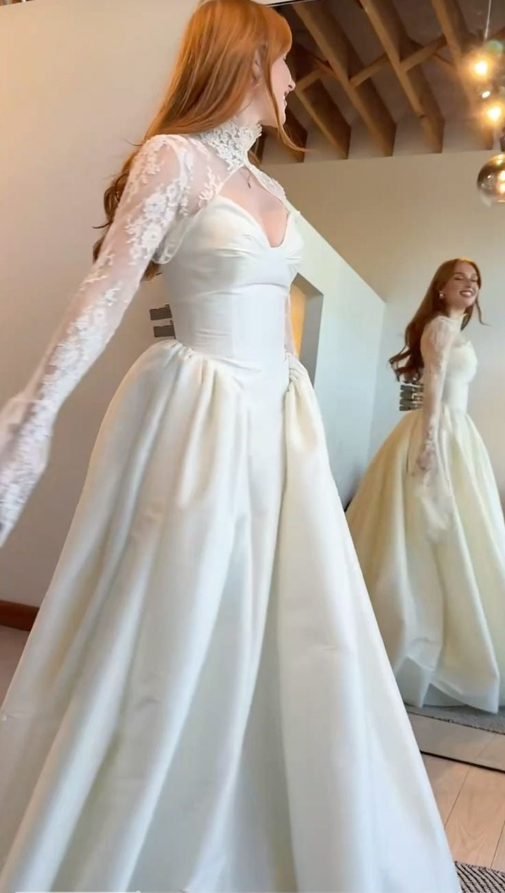 NiceVestidos - Robe de mariée longue blanche en dentelle à manches longues NV5837