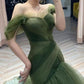 Grünes schönes elegantes langes schulterfreies Tüll-Ballkleid-Abendkleid nv73