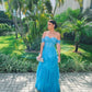 Blue off-the-shoulder short-sleeved tulle ruffled skirt long ball gown evening dress bridesmaid dress wedding guest dress nv2677