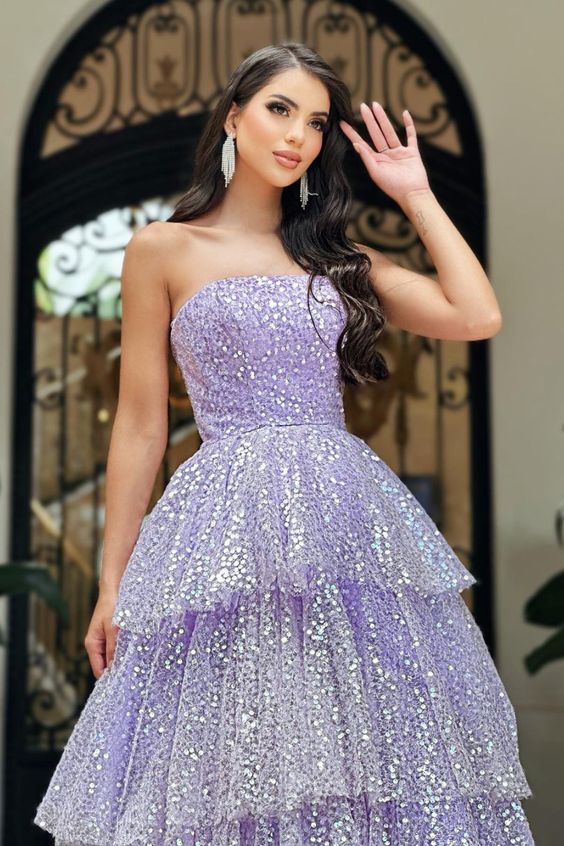 Light Purple Sparkling Tulle Sequin A-Line Long Tiered Ball Gown Evening Dress fall bridal shower outfit for guest nv2651