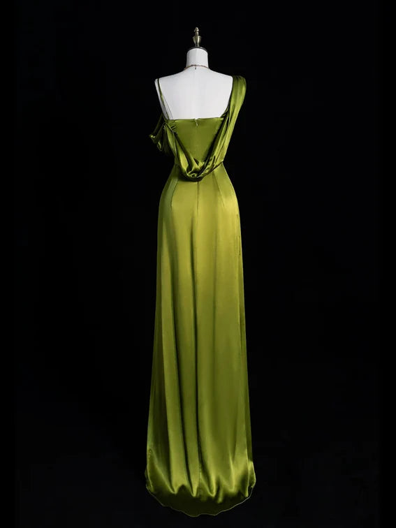 Green Soft Satin One Shoulder Vintage A-Line Long Slit Prom Dress Party Dress nv3366