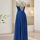 A-Linie, herzförmiger Ausschnitt, langes blaues Ballkleid, rückenfreies, langes blaues Abendkleid nv1608
