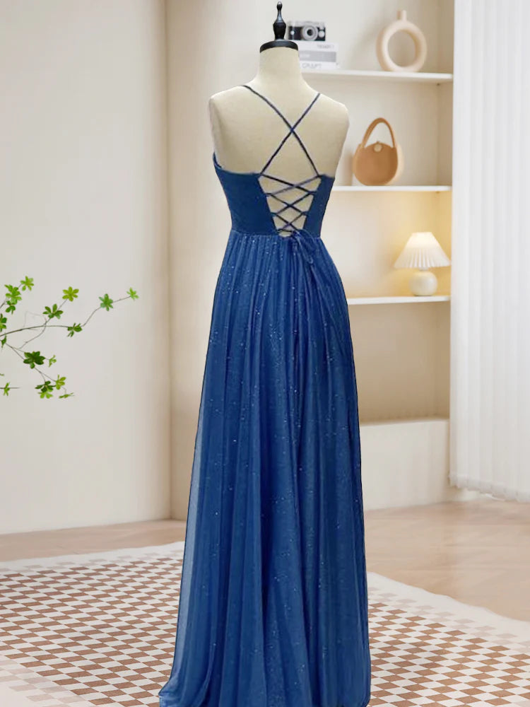 A-Linie, herzförmiger Ausschnitt, langes blaues Ballkleid, rückenfreies, langes blaues Abendkleid nv1608