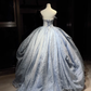 Dusty Blue Strapless Ball Gown Ruffled Corset Asymmetric Draped Tulle Cinderella Prom Dress  NV6945