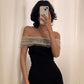 Schwarzes schlichtes und elegantes One-Shoulder-Trägerloses langes Ballkleid mit Kettendeko, Abendkleid, Partykleid, NV2417