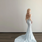 Ice Blue V Neck Prom Gown Ruffle Shoulder Beaded Sequin Mermaid Long Train Evening Dress  NV7161
