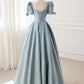 A-Linien-Ballkleid aus blauem Satin mit Puffärmeln und langem Ärmel, Abendkleider in Blau nv1726
