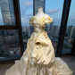 Off Shoulder Cream Yellow Victorian Wedding Dress Puff Sleeve 3D Flowers Ruffled Satin Lace Long Train Ball Gown  NV6978