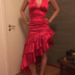 Robe de soirée longue rouge en satin à volants, sans bretelles, à la mode, nv3608