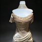 Champagne Off Shoulder Mermaid Formal Gown Beaded Sequin Cross Ruched Satin Vintage Evening Dress  NV6967