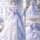 Ombre Blue Off Shoulder Ruffle Lolita Prom Dress, Floral Print Tulle Ball Gown with Pearl Choker  NV7451
