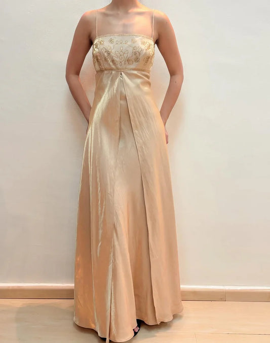 NiceVestidos - Superbe robe de soirée trapèze en satin champagne, sans manches, à fleurs et perles, longueur au sol, avec bretelles spaghetti, robe de bal NV5774