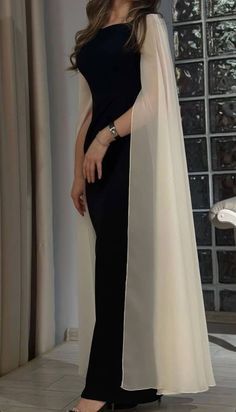 Black and white simple elegant white long tulle sleeves long ball gown evening dress party dress nv2439