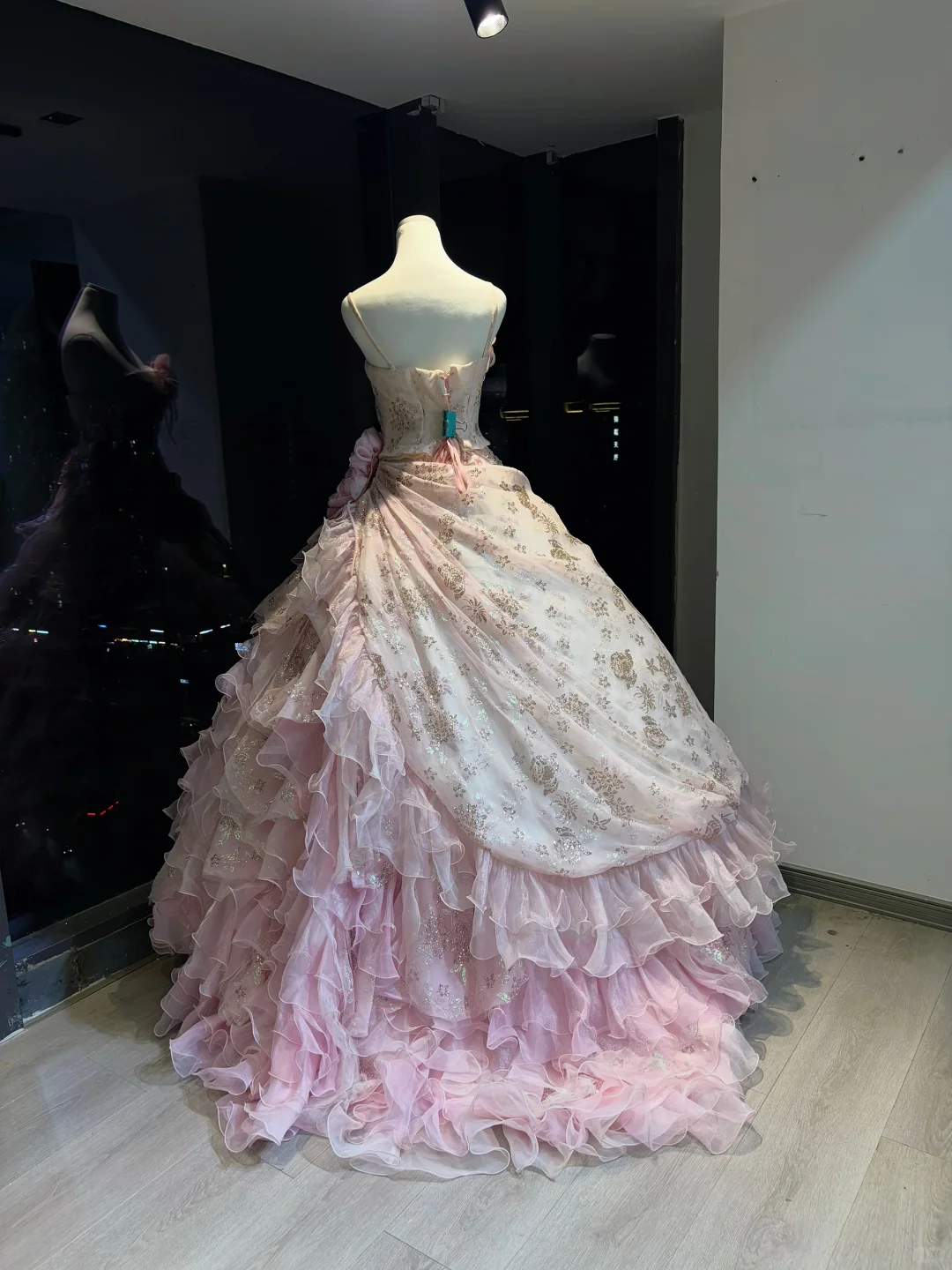 Pink Ombre Spaghetti Straps Ball Gown Gold Glitter Floral 3D Rose Tiered Ruffle Tulle Fairy Prom Dress  NV6939