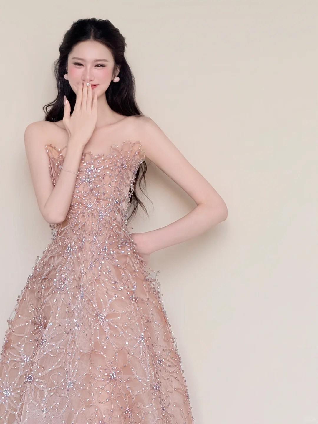 Nude Pink Strapless Spark Rhinestone Floral Midi Gown  NV7431