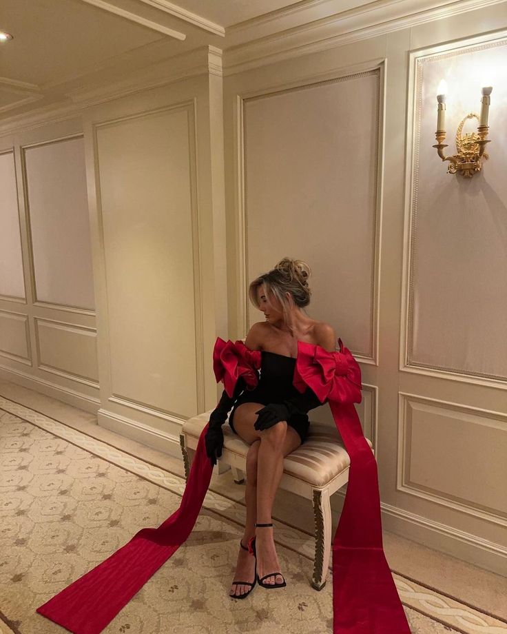 Robe courte noire à manches en ruban avec nœud rouge, mini robe de soirée, robe de soirée, robe de soirée, nv2742