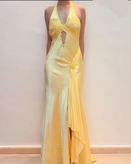 Yellow Elegant Exquisite Beaded Hollow Strap Long Satin Ball Gown Evening Gown Party Dress nv3442