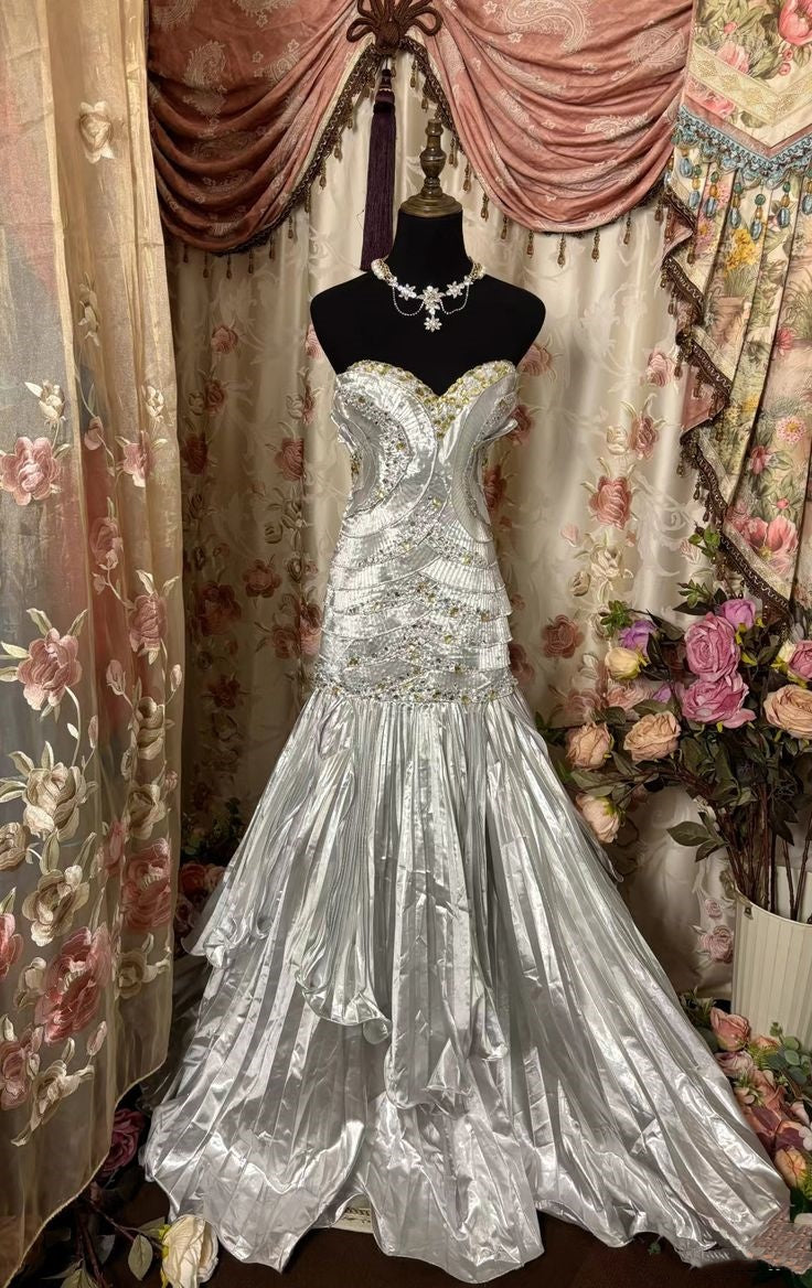 Silver Beaded Fashion Elegant Long Shiny Ball Gown Evening Dress nv2965