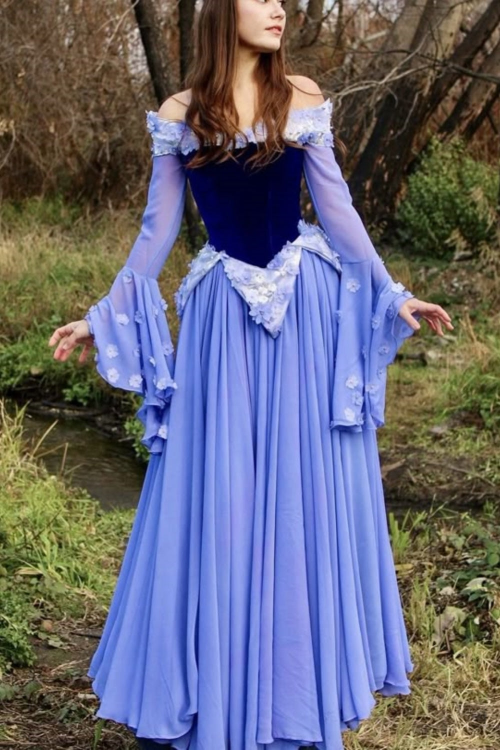 NiceVestidos – Rosa/Blaues langärmeliges Samt-Tüllkleid NV6005