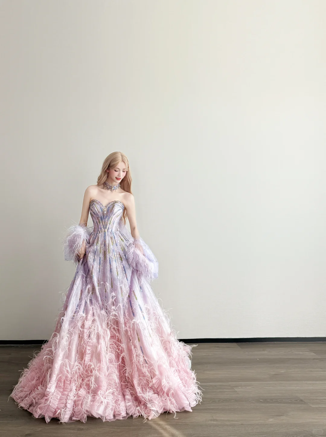 Ombre Pink Purple Feather Prom Gown Strapless Sweetheart Rhinestone Formal Dress  NV7164
